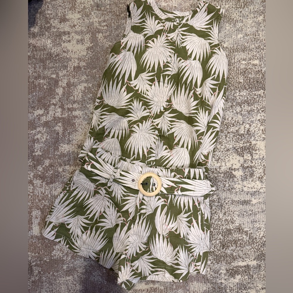 Tahari Olive and Cream Leaf Print Top & Shorts Set